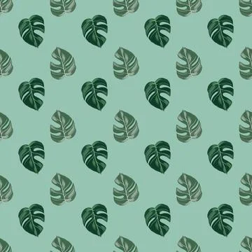 Simple style seamless pattern with botanic hand drawn monstera shapes print.  Stock Illustration