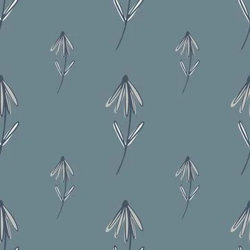 Simple style seamless pattern with outline doodle flower shapes. Pale blue ba Stock Illustration