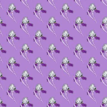 Simple style seamless pattern with small iris flower shapes. Purple pastel ba イラスト素材
