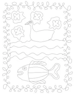 Simple stylized contour line drawing with duck, water and fish. Stock Illustration