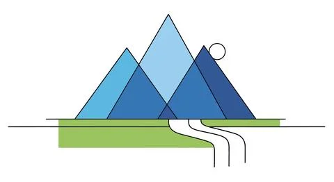 A simple, stylized illustration of a mountain range with a river flowing from Stock Illustration