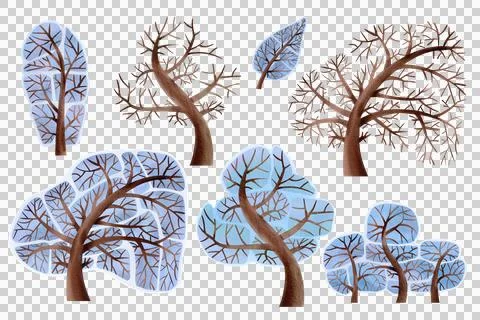 Simple, stylized set of snow-covered trees. Hand-drawn watercolor illustrations Stock Illustration