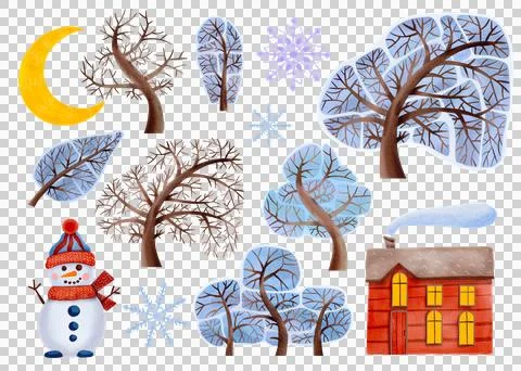 Simple, stylized set of snow-covered trees. Illustrations a snowman and a house Stock Illustration