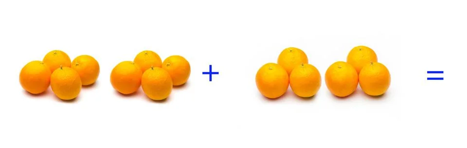 Simple sums with fruits; simple math, calculation Stock Photos