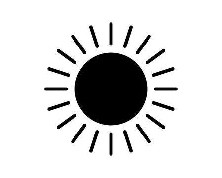 Simple sun icon, radiating light. Black silhouette against white. Perfect f.. 스톡 일러스트