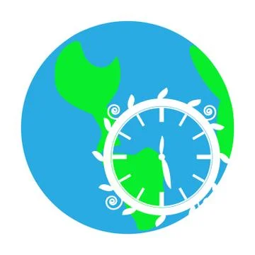 Simple symbol of earth with clock on white background Stock Illustration