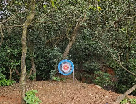 Simple target board set in a forest clearing in Matheran Stock Photos