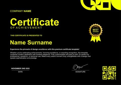 Simple template certificate black and yellow color Stock Illustration