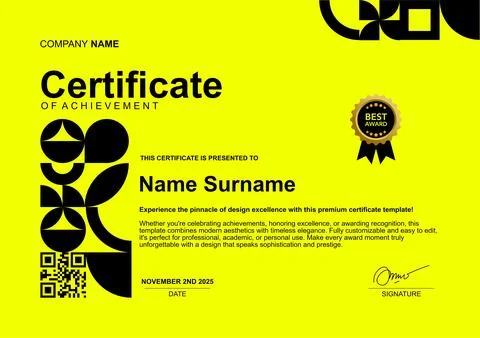 Simple template certificate black and yellow color Stock Illustration