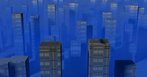Simple textured cubic 3d city , buildings, sky scrapers in blue fog Stock Footage 69061482