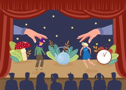 Simple theater puppet show, vector illustration. Performance marionettes actors Ilustração Stock