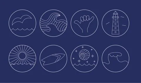 Simple thin line round ocean, surf icons for sticker, t shirt, merch design Stock Illustration