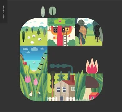 Simple things - forest set composition on a black background Stock Illustration