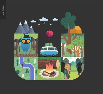 Simple things - forest set composition on a black background Stock Illustration