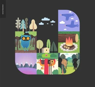 Simple things - forest set composition on a black background Stock Illustration