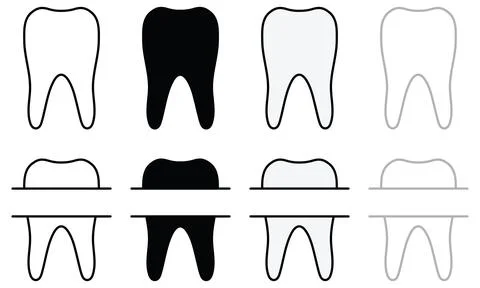 Simple Tooth and Split Label Clipart Set - Outline, Silhouette and Color Stock Illustration