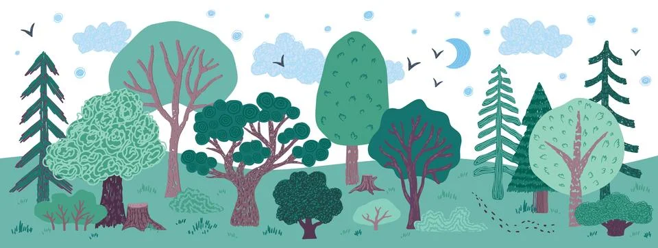 Simple tree. Bare wood, simple plant leaf or foliage night landscape. Isolated Stock Illustration