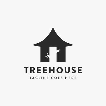 Simple tree house logo icon, with tree as the door vector template Stock Illustration