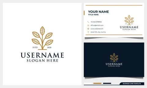 Simple tree logo design with elegant leaf line art style and business card Stock Illustration