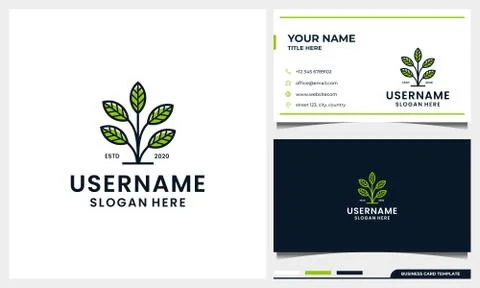 Simple tree logo design with leaf line art style and business card template Stock Illustration