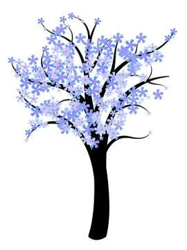 Simple tree vector - natural symbol illustration. Spring tree with blue flowe Stock Illustration