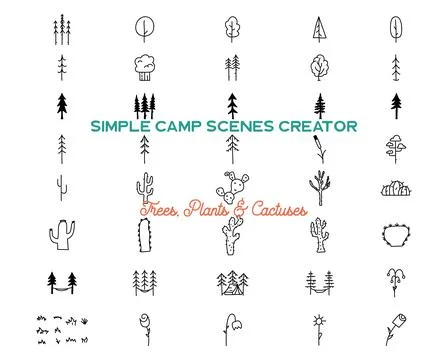 Simple trees and cactuses icons shapes set. Logo creation kit. Outdoor adventure Stock Illustration