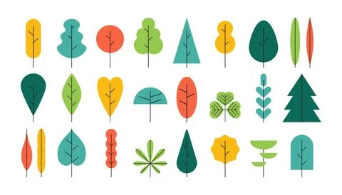 Simple trees. Cartoon forest plants with foliage, minimal bush shrub, botanical Stock Illustration