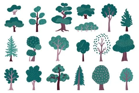 Simple trees. Forest silhouette icons, plant pine and bush trunk design, brown Illustrazione stock
