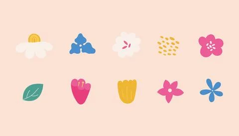 Simple trendy abstract hand drawn doodle style modern flowers, leaf Stock Illustration