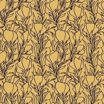 Simple two-color seamless pattern of black large contours of flowers on a g.. Stock Illustration
