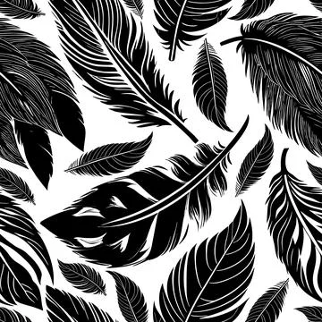 Simple two-color seamless pattern of black feathers on a white background, .. Stock Illustration