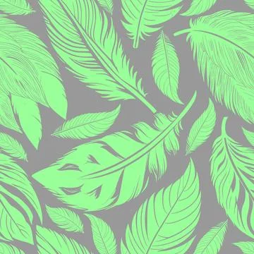 Simple two-color seamless pattern of green feathers on gray background, textu Stock Illustration