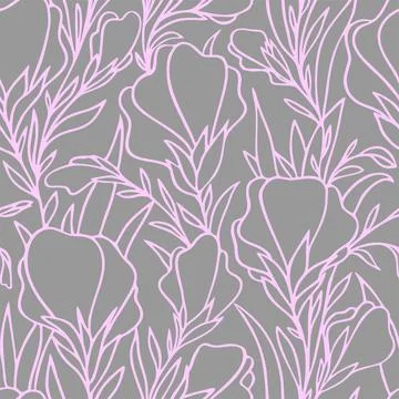 Simple two-color seamless pattern of pink large contours of flowers on a gr.. Stock Illustration
