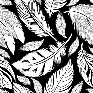 Simple two-color seamless pattern of white feathers on a black background, .. Stock Photos