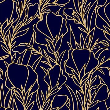 Simple two-tone seamless pattern of golden large contours of flowers Stock Illustration