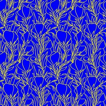 Simple two-tone seamless pattern of yellow large contours of flowers on a b.. Stock Illustration