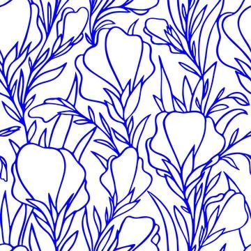Simple two-tone seamless pattern of blue large contours of flowers on a whi.. Stock Illustration