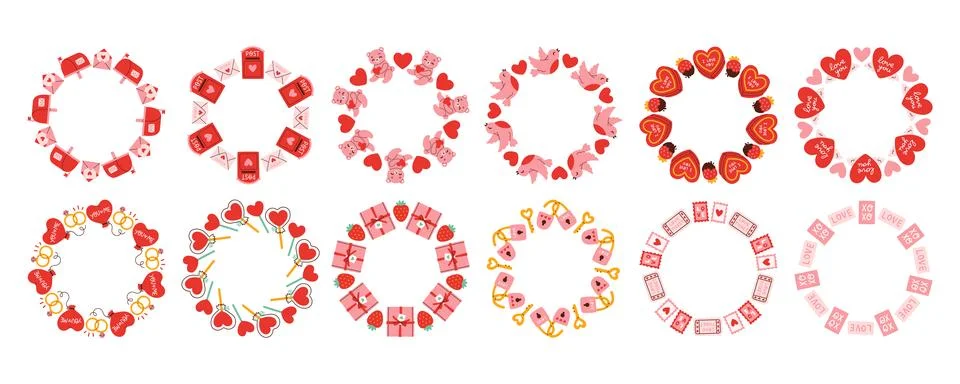 Simple valentines day circle frame set. Round love themed border collection made Stock Illustration