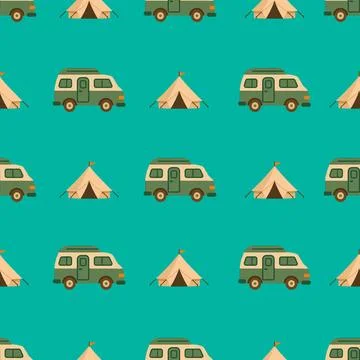 Simple Van and Tent Pattern on Teal Stock Illustration