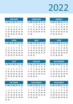Simple vector 2022 calendar weeks start on sunday Stock-Illustration