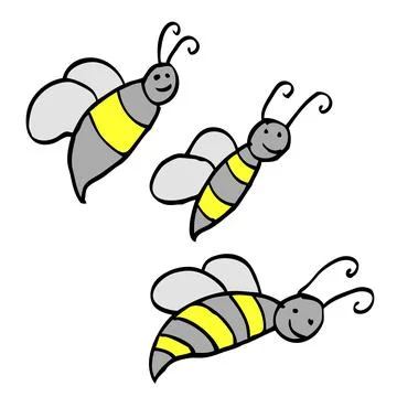 Simple Vector 3 cute hand draw sketch bee, Isolated on White Stock Illustration