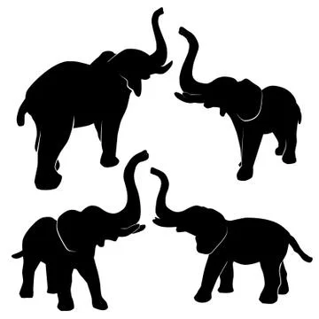 Simple Vector, 4 different perspective, silhouette of elephant, isolated on w Stock Illustration