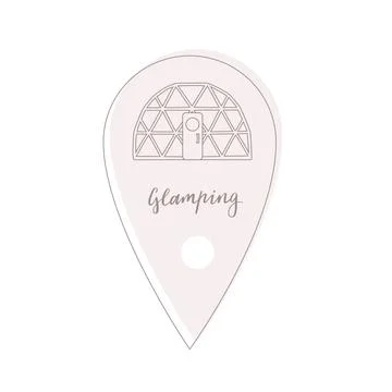 Simple vector beige shape of map pin with line bubble tent, lettering glamping Illustrazione stock