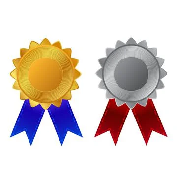 Simple Vector blank badge golden and chrome with blue and red ribbon Stock Illustration