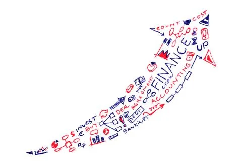 Simple Vector blue and red hand draw sketch, Finance Terminology in arrow for Stock Illustration