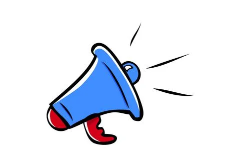 Simple Vector Blue and Red Hand Draw Sketch Sign, Bullhorn, Isolated on White Stock Illustration