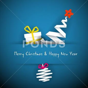 Simple vector blue christmas card with gift, tree and bauble Stock Illustration