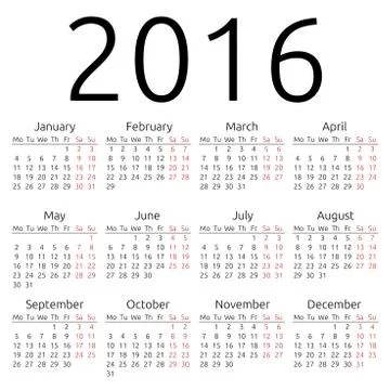 Simple vector calendar 2016 Stock Illustration