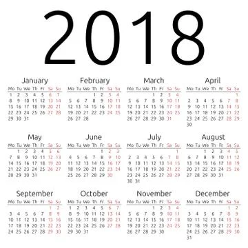 Simple vector calendar 2018 Stock Illustration