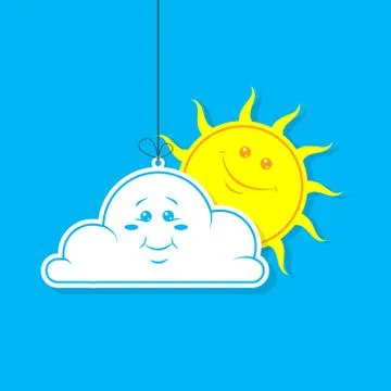 Simple vector cartoon illustration of a flat white cloud and sun Stock Illustration